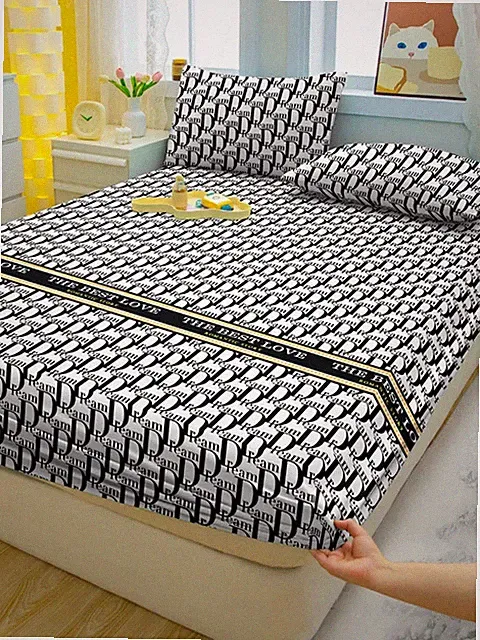 1 Simple Modern Letter Printed Matte Fitted Sheet, Bedroom Printed Bed Cover, Be