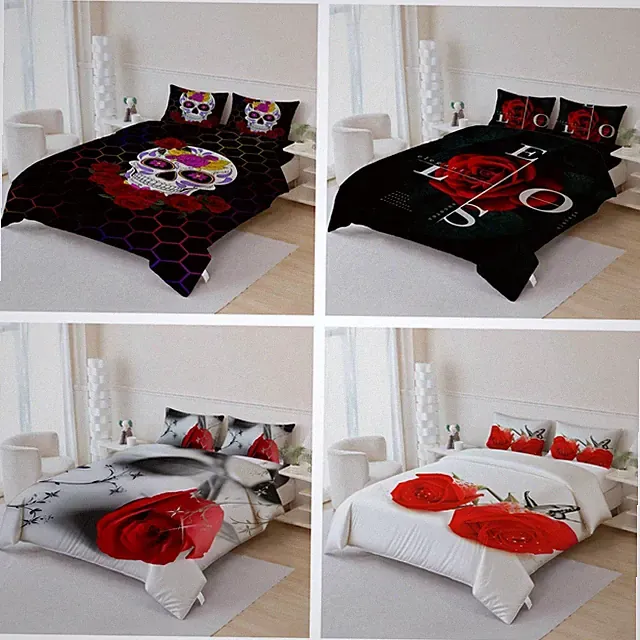 3D Flowers Leaves Skull Letter Red Quilt Cover Duvet Cover Comforter set