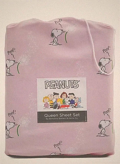Berkshire Peanuts Snoopy PINK Make A Wish Dandelion Poof QUEEN Sheet Set NEW