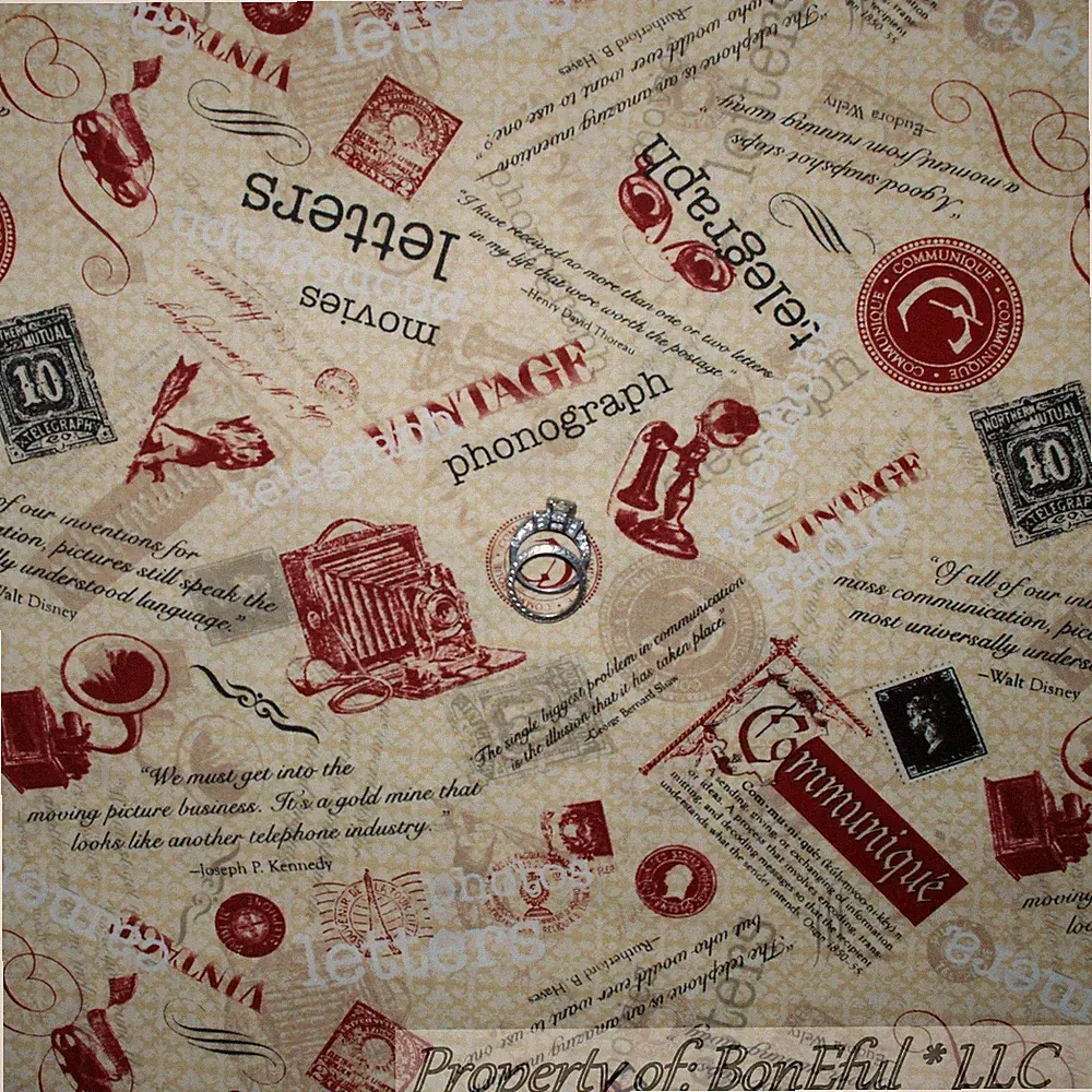 BonEful Fabric FQ Cotton Quilt Brown B&W Letter Camera Antique Shabby Chic Print