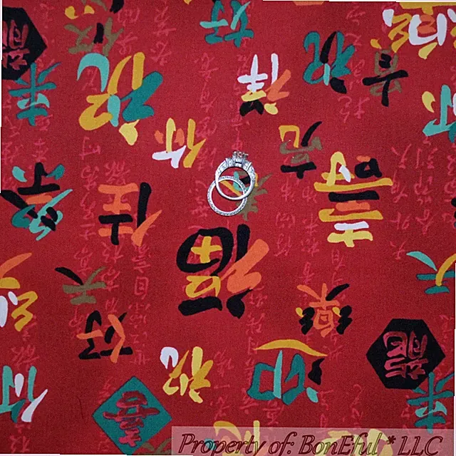 BonEful FABRIC FQ Cotton Quilt Red Black Gold Oriental Art Asian Letter Chinese