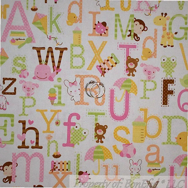 BonEful FABRIC FQ Cotton Quilt VTG White Pink Baby Girl Nursery Letter Alphabet