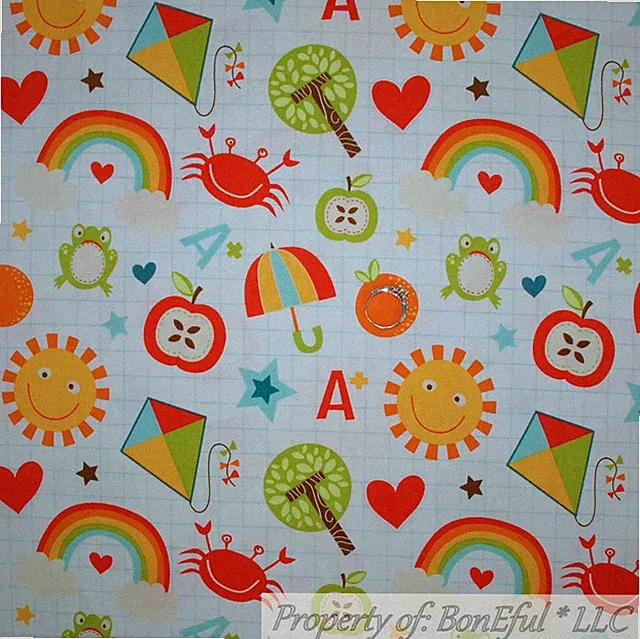 BonEful Fabric FQ Cotton Quilt White Kid Star School Alphabet Letter Rainbow USA
