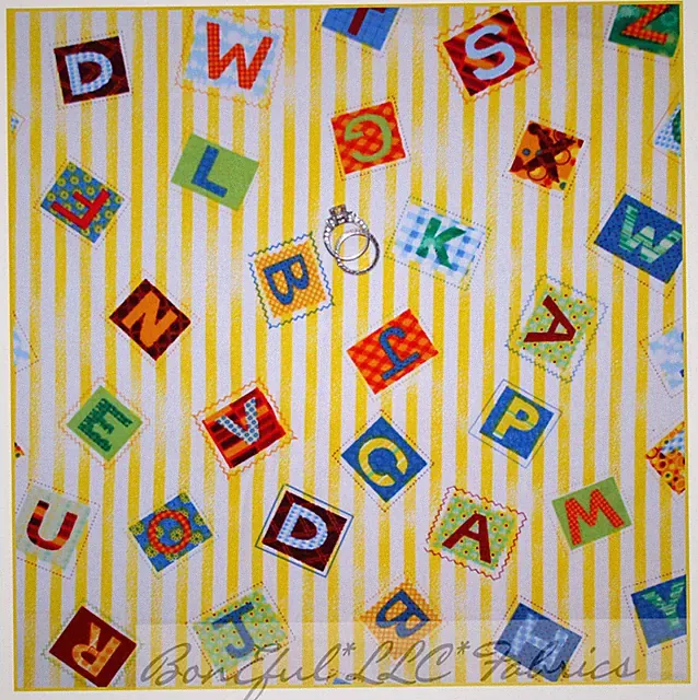 BonEful Fabric FQ Cotton Quilt Yellow White Boy Girl Letter Alphabet Stripe SALE
