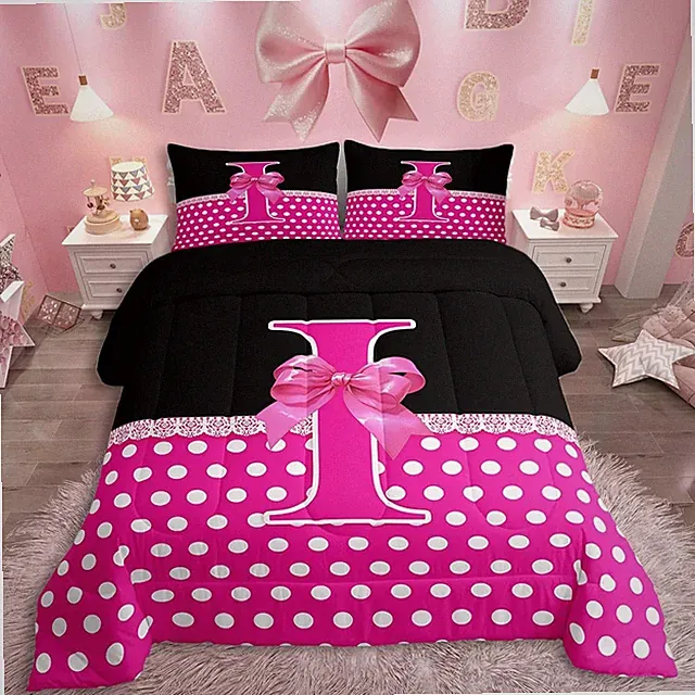Bowknot Comforter Set Twin Size Personalized Letter I Bedding Set for Boys Gi...