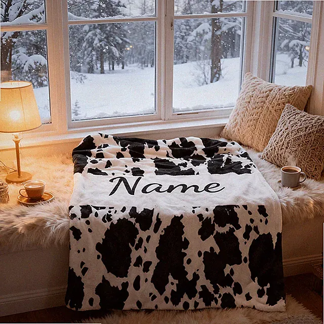 Cow Print Blanket Custom Name & Number/letter Flannel Bedspread Bed Cover Gift❀