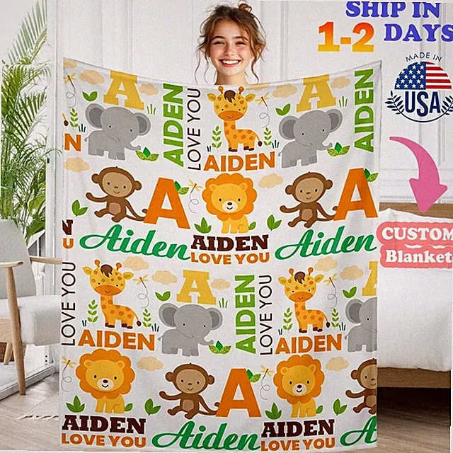 Custom Name Letter Blanket Personalized Name Animal & Floral Blankets Throw Gift