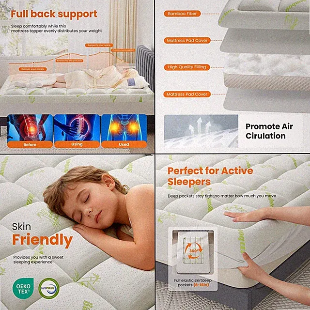 DUMOS Queen Bamboo Mattress Topper Soft Cooling Pillow Top Back Pain Relief