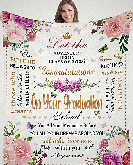 Graduation Blanket Throw, 60X50In, Pink & White Floral with Letter Print, Flanne