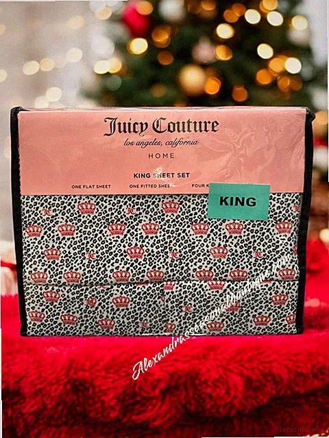 Juicy Couture King Sheet Set 6 Pieces Leopard Print Red Crowns Lettering New