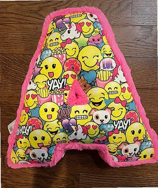 Justice Letter Initial “A” Pink Faux Fur & Emoji Unicorn Print Pillow