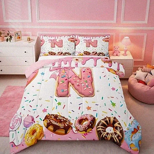 Kids Initial N Letter Bedding Sweet Donut And Ice Cream Printed Twin Pink N