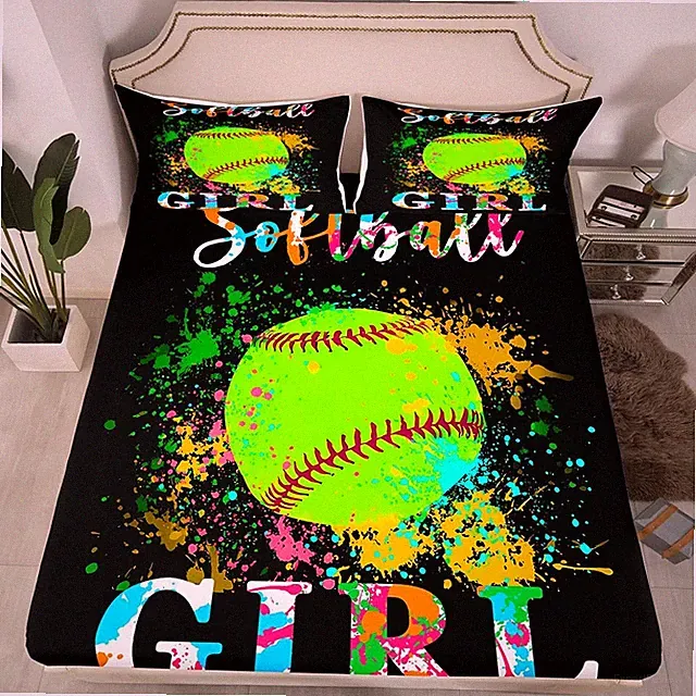 Kids Softball Fitted Sheet Full Size Sports Theme Bed Sheet Set for Boys Girl...