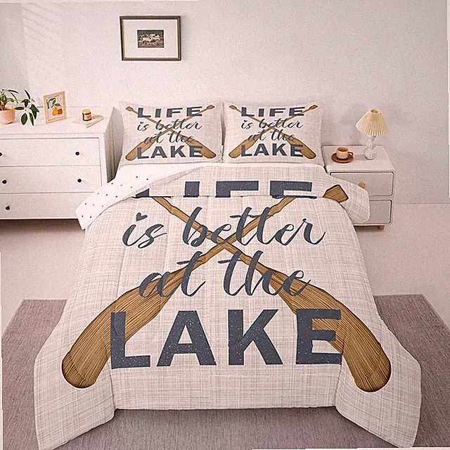Lake Life Comforter Set King Size - Rustic Oars & Paddle Bedding Quilt