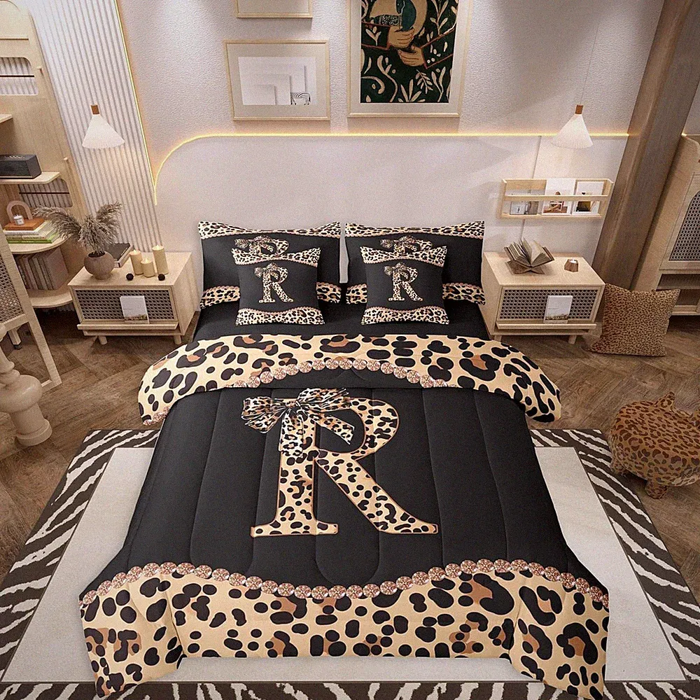 Leopard Print Bow Comforter Set with Initial R | Trendy 7-Piece Bedding Set