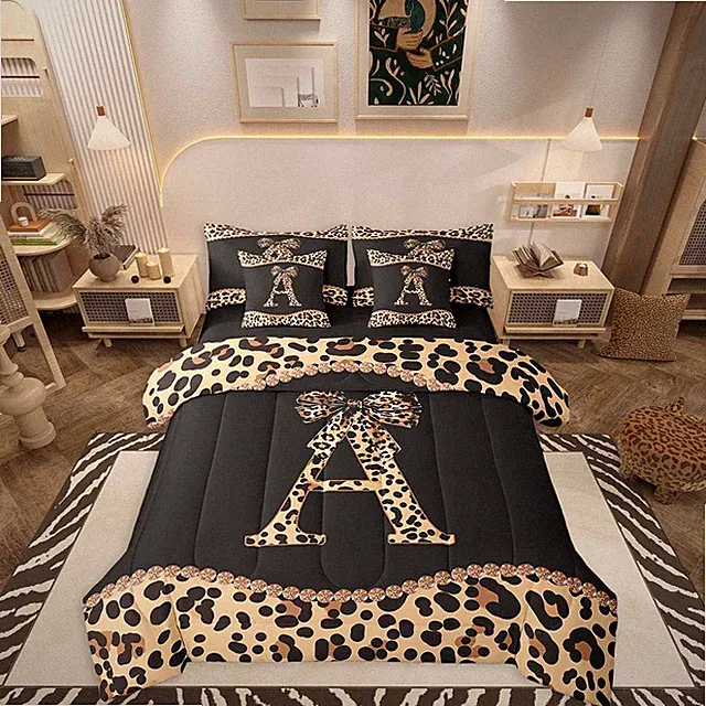 Letter Initial a Queen Comforter Set with African Cheetah Bow - Leopard Print Be
