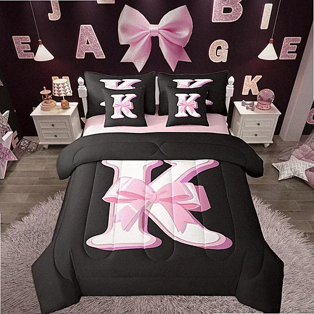 Personalized Black Pink Bow Queen Comforter Set - 7 Piece Girls Bedding