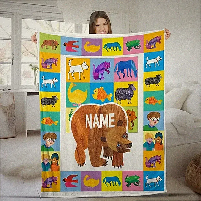 Personalized Cute Brown Bear Flannel Blanket Kids Name Birthday Gift Cozy