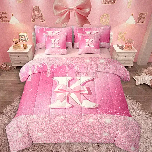 Pink Bow Comforter Set with Sheets 7 Piece Queen Size Initials Decor Bedding Set