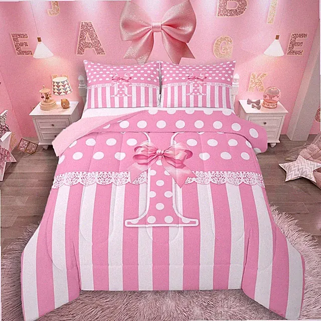 Pink Bowknot Comforter Set Twin Size Personalized Letter I Bedding Set White...