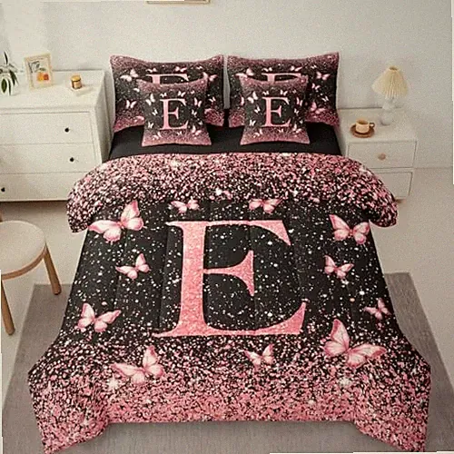Pink Butterfly 7 Piece Bedding Set Individual Letters E Comforter Twin Pink E