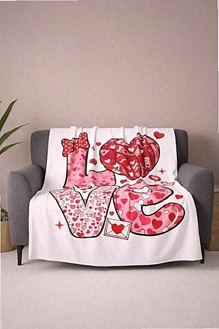 Red Rose Big Love Letter Printed Fleece BlPattern Blanket Romantic Classic Decor