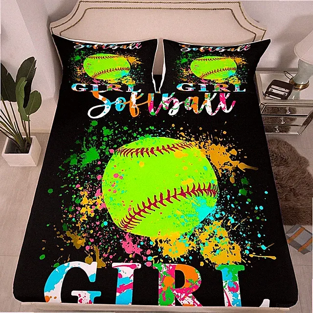 Softball Fitted Sheet Full Size Sports Theme Bed Sheet Set for Boys Girls Tee...