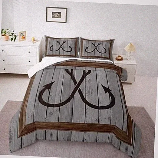 Teens Fishhook Pattern Comforter Set Size,Gray Vintage Wood Queen Farm 01