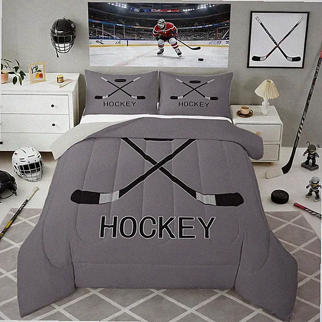 Teens Ice Hockey Comforter Set, Winter Sports Games Down Comforter For Boys A...